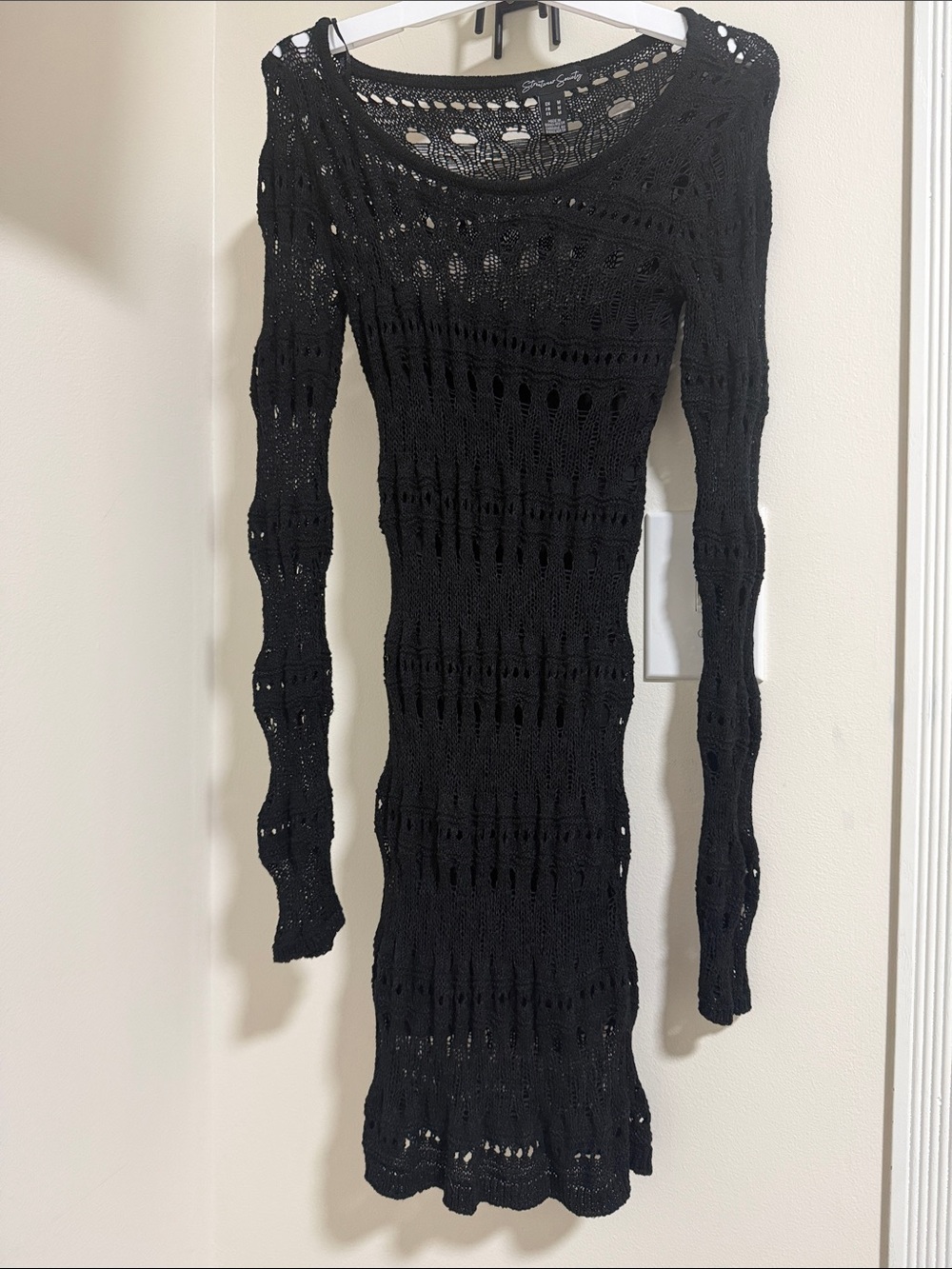 Streetwear Society Black Crochet Knit Long-Sleeve Bodycon Dress